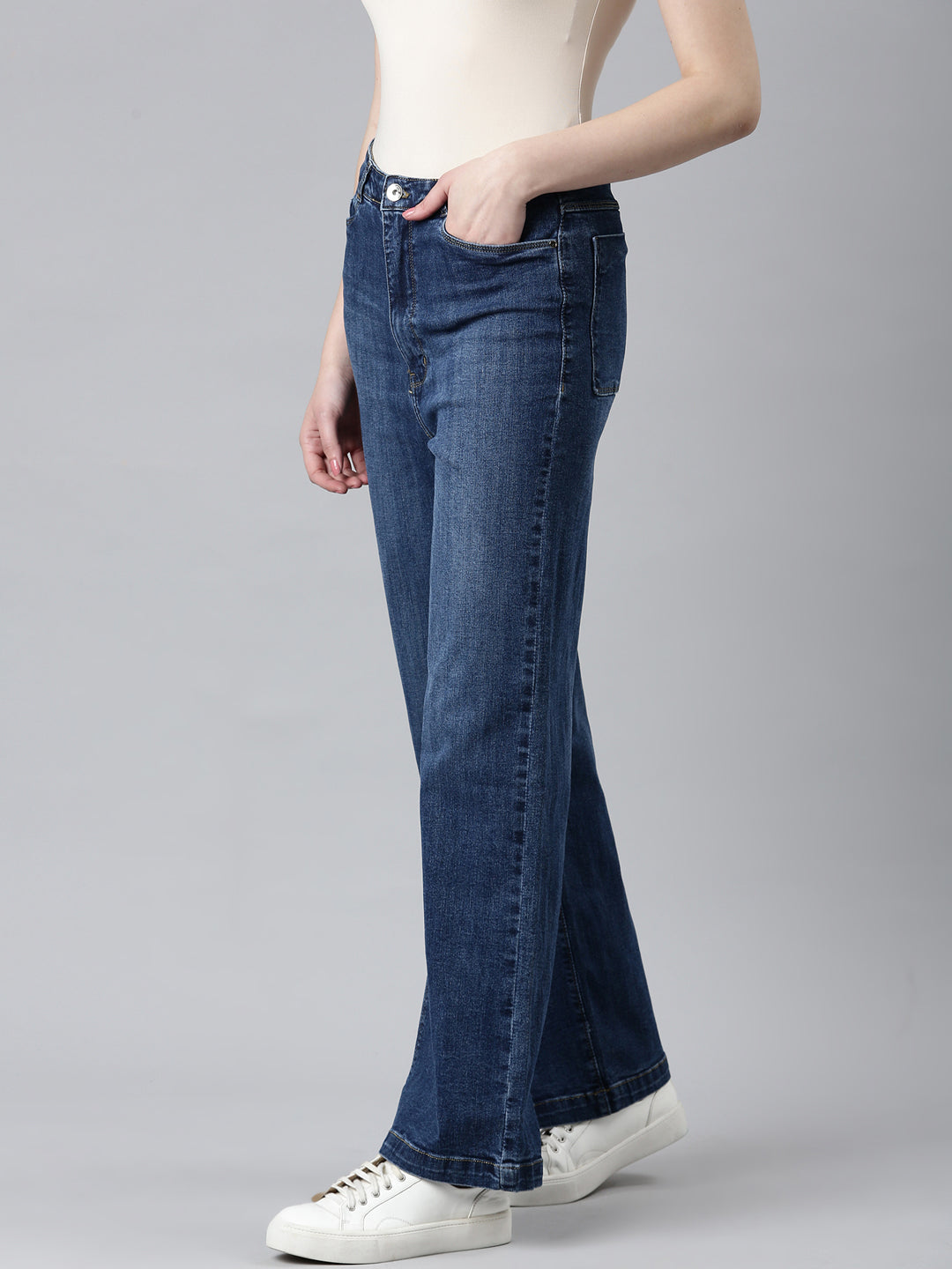 Women Navy Blue Solid Wide Leg Denim Jeans