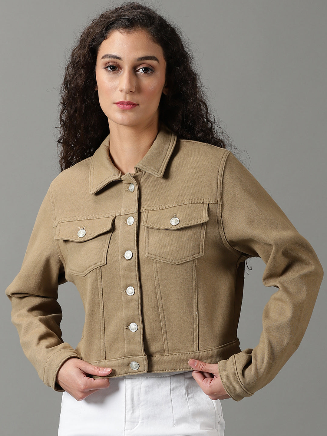 Women's Khaki Solid Denim Jacket