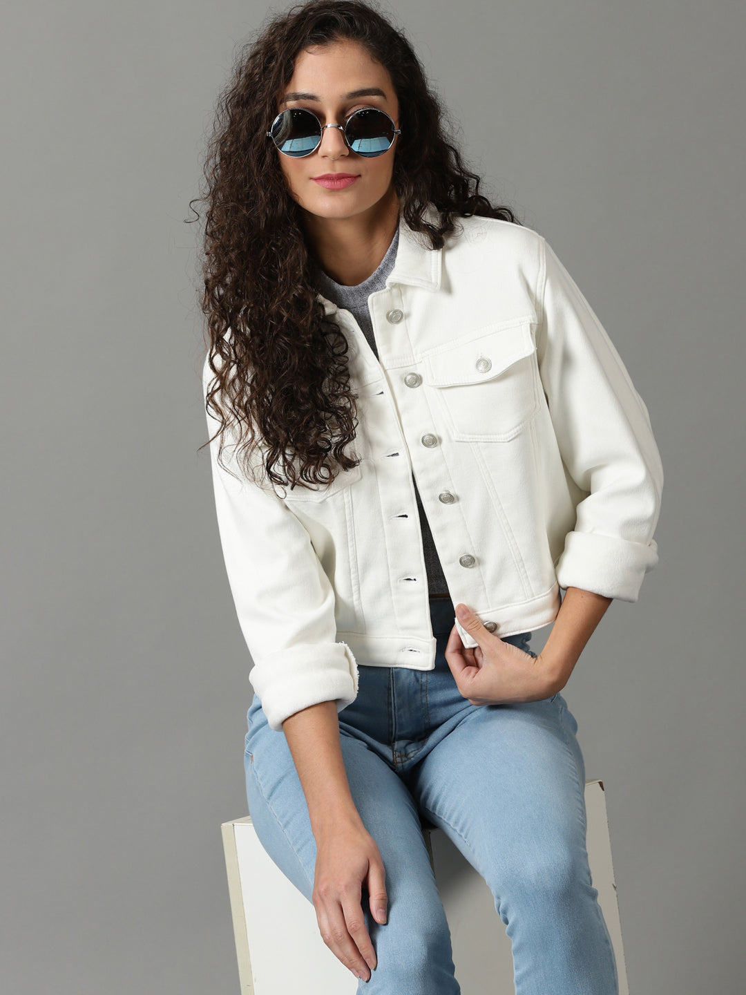 Women's White Solid Denim Jacket