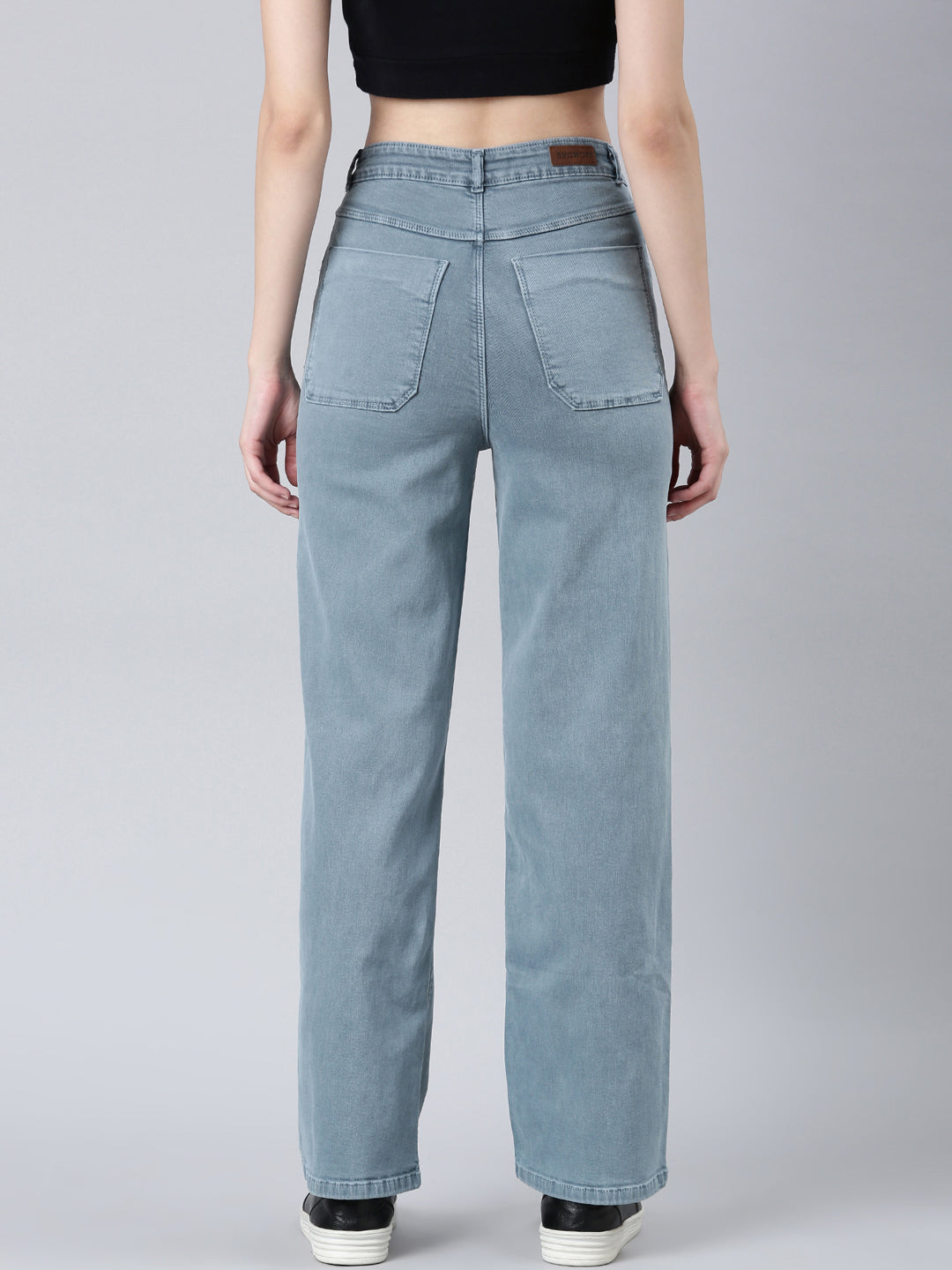 Women Grey Solid Wide Leg Denim Jeans