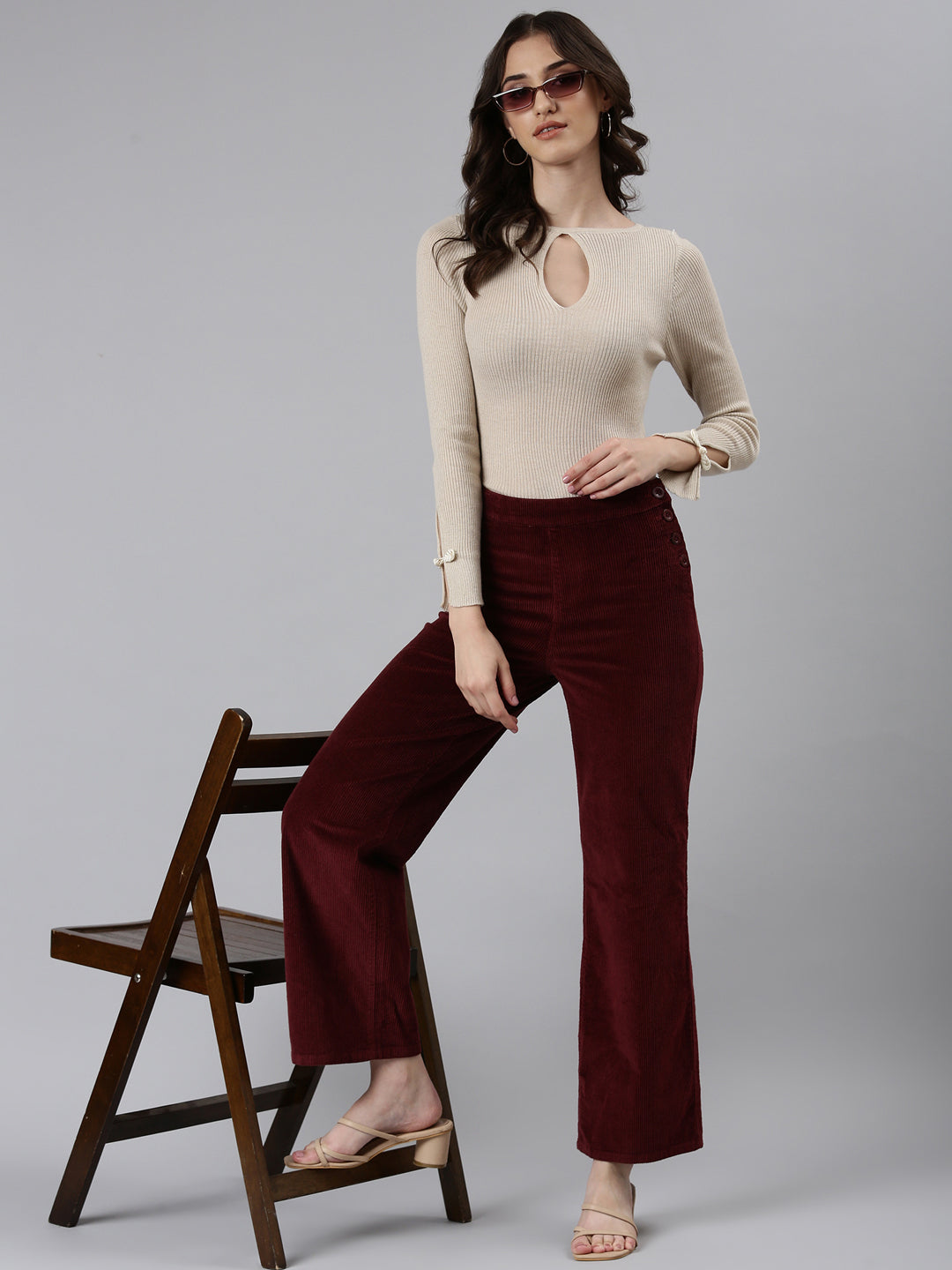 Women Burgundy Solid Parallel Trouser