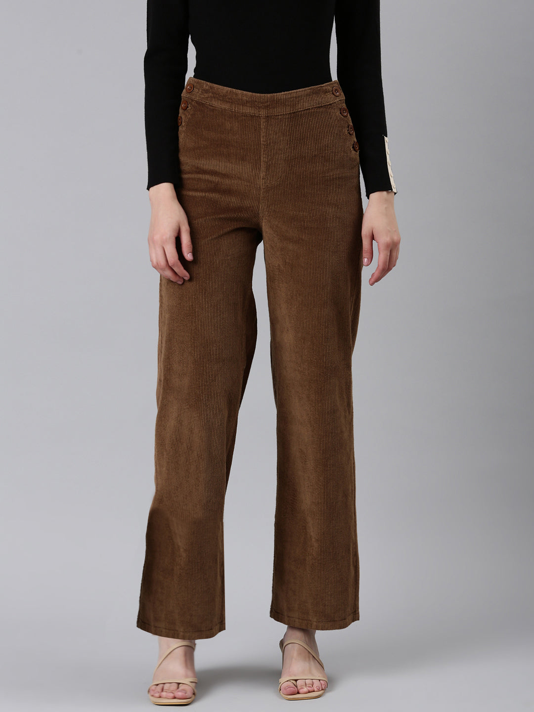 Women Camel Brown Solid Parallel Trouser