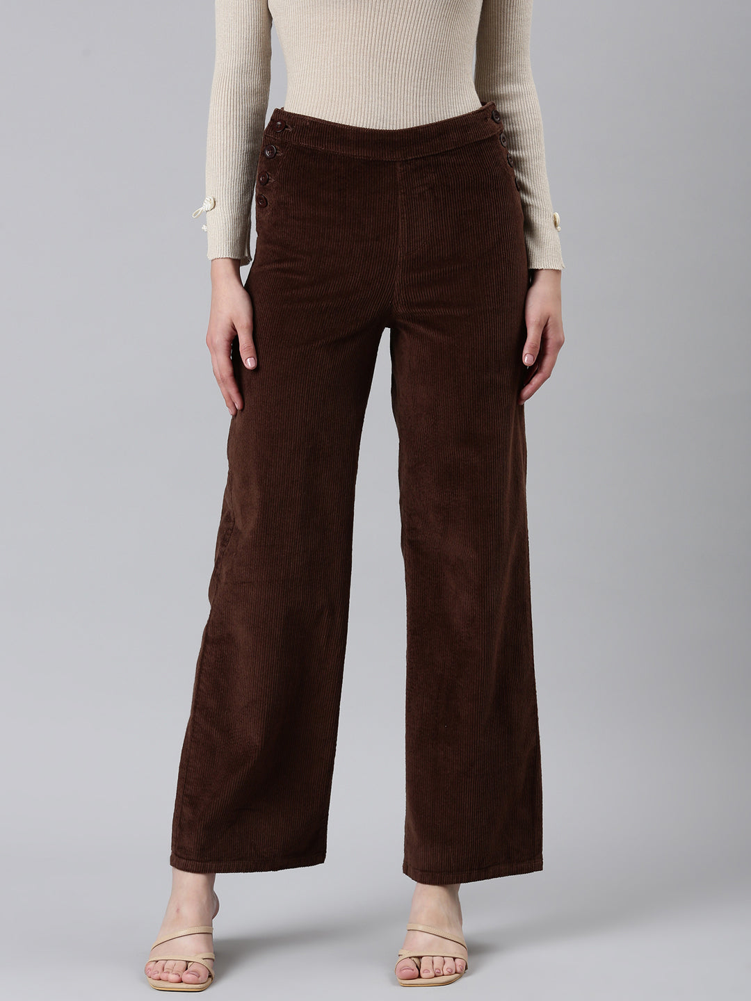 Women Coffee Brown Solid Parallel Trouser