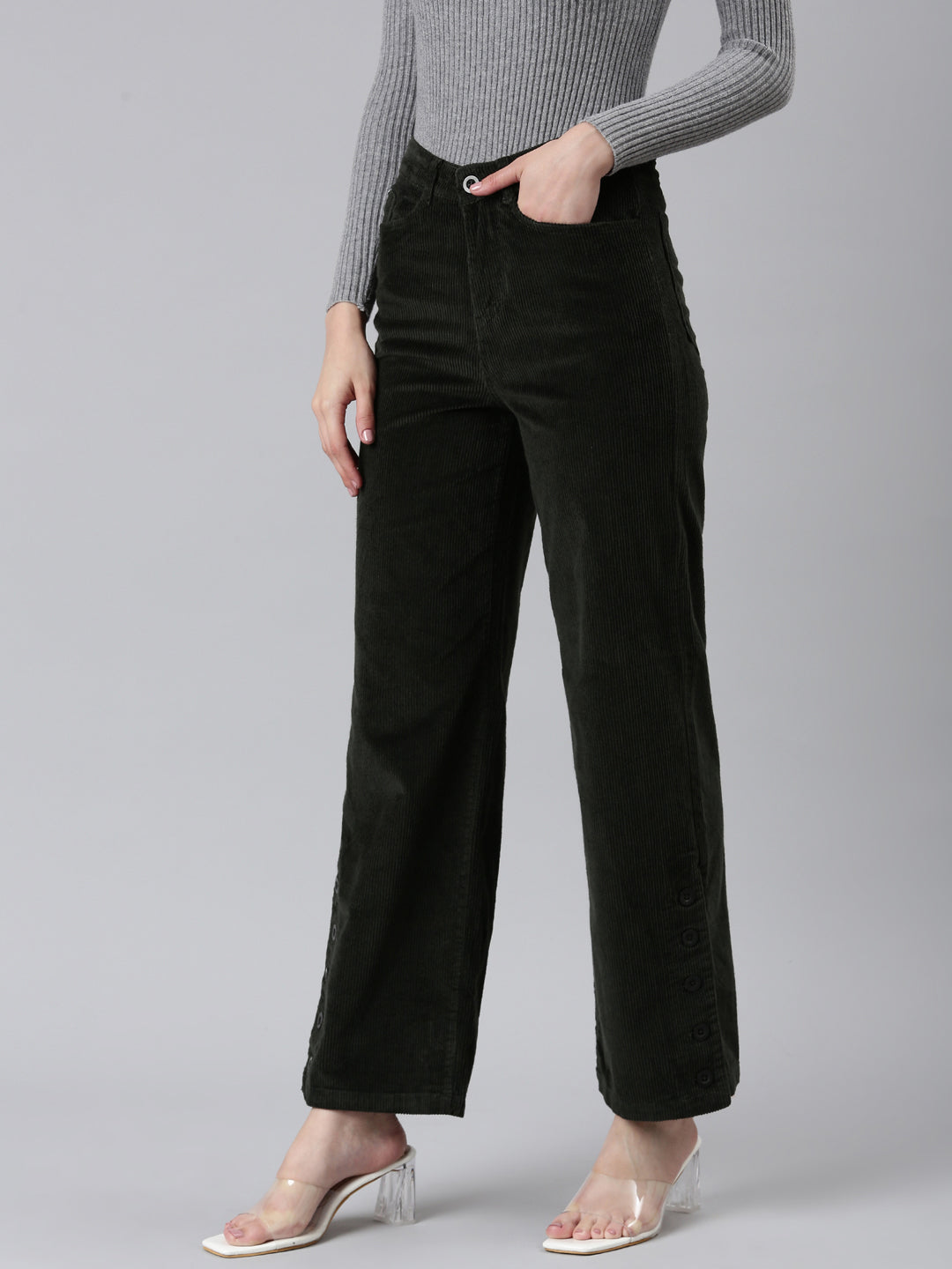 Women Olive Solid Parallel Trouser