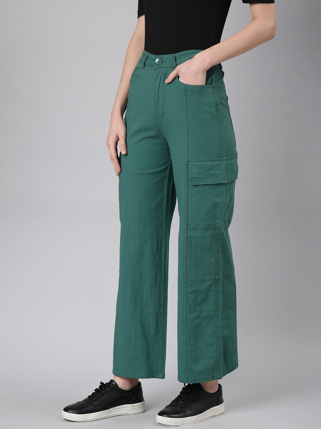 Women Green Solid Wide Leg Denim Jeans