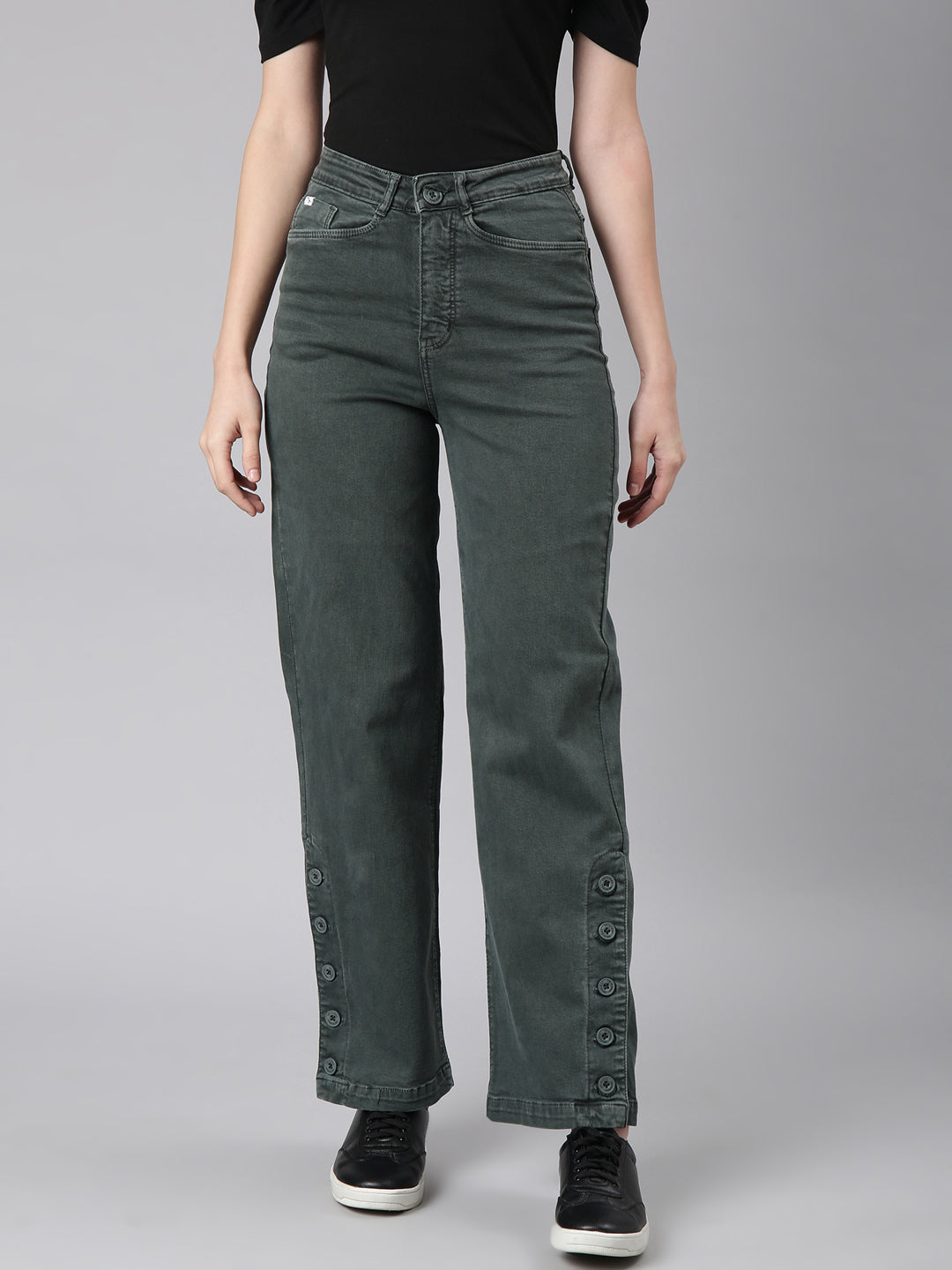 Women Olive Solid Straight Fit Denim Jeans