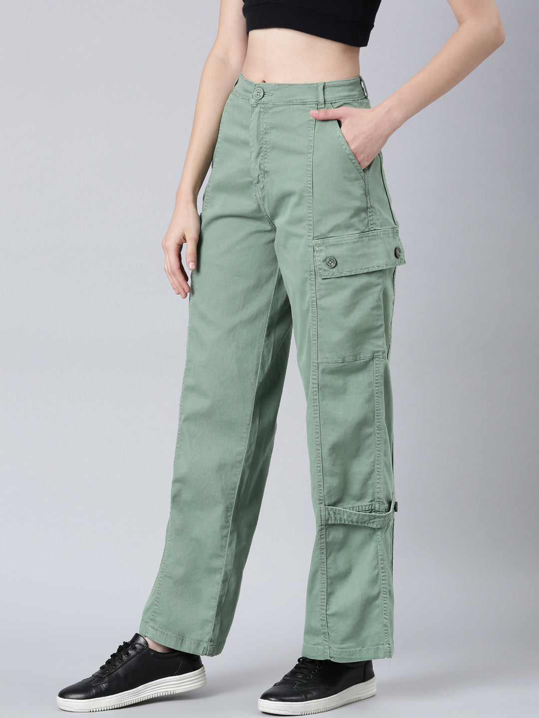 Women Green Solid Wide Leg Denim Jeans
