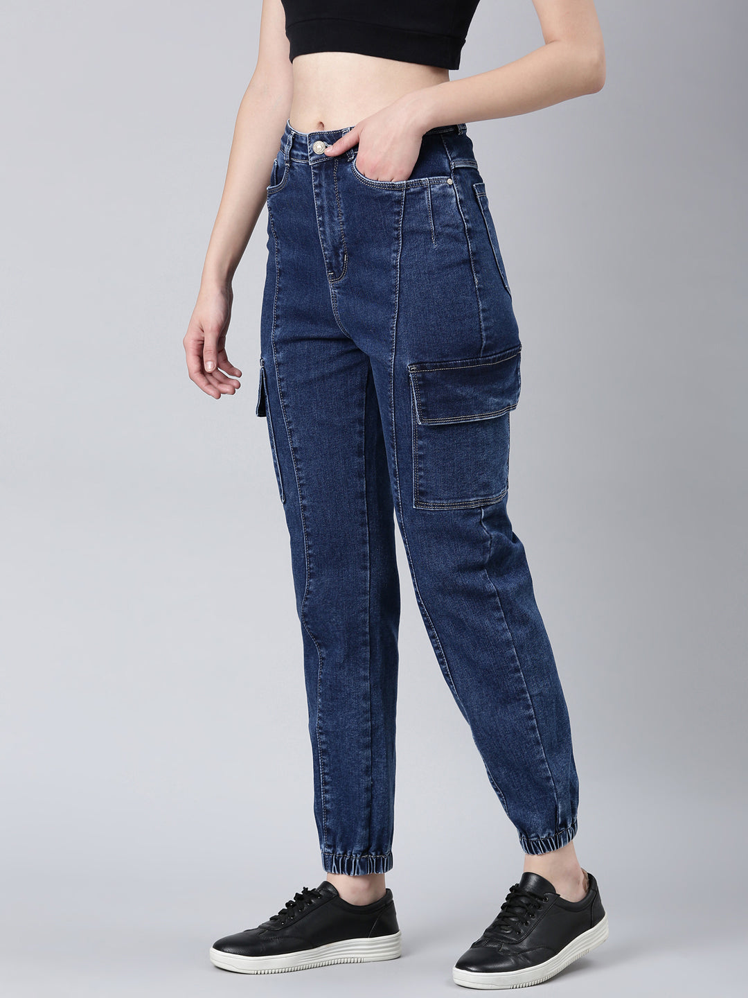 Women Navy Blue Solid Jogger Denim Jeans