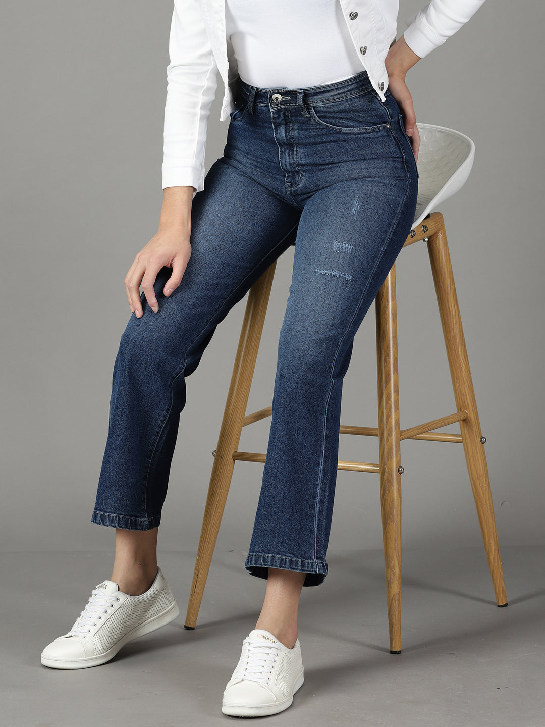 Women's Navy Blue Solid Straight Fit Denim Jeans