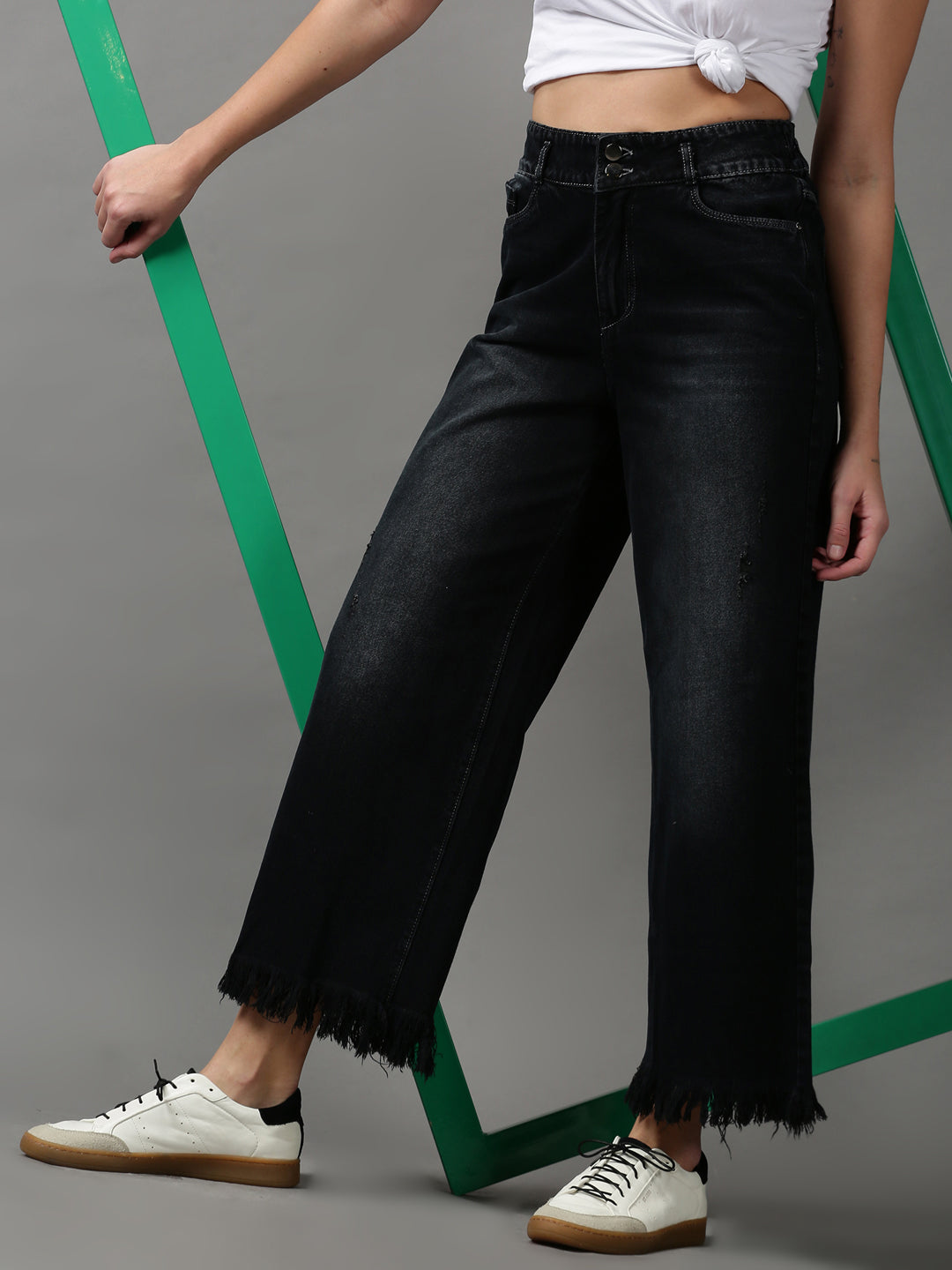 Women's Black Solid Wide Leg Denim Jeans