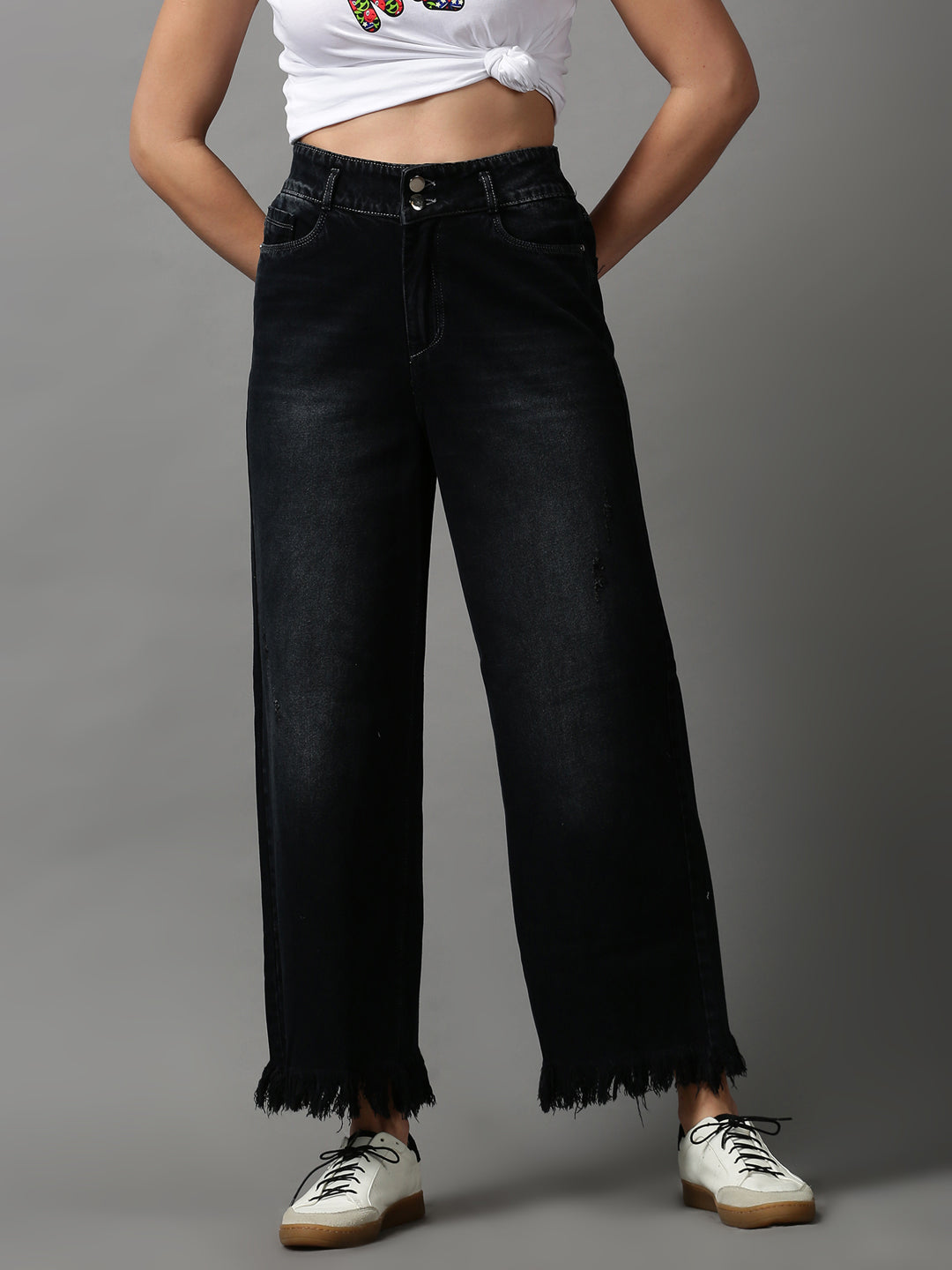 Women's Black Solid Wide Leg Denim Jeans