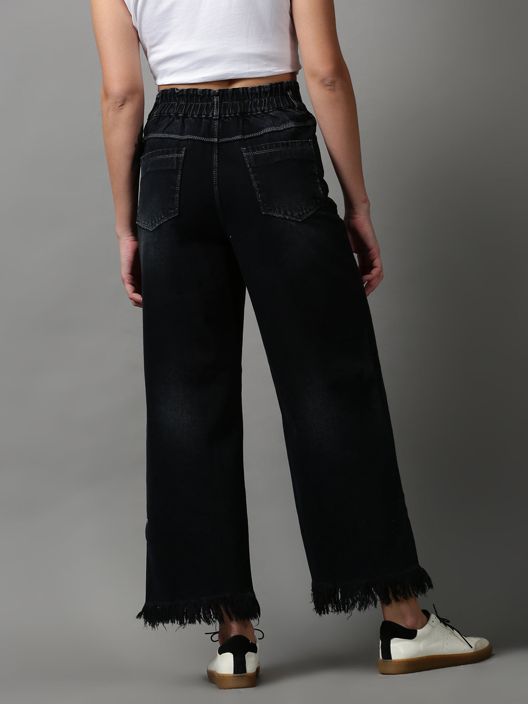 Women's Black Solid Wide Leg Denim Jeans