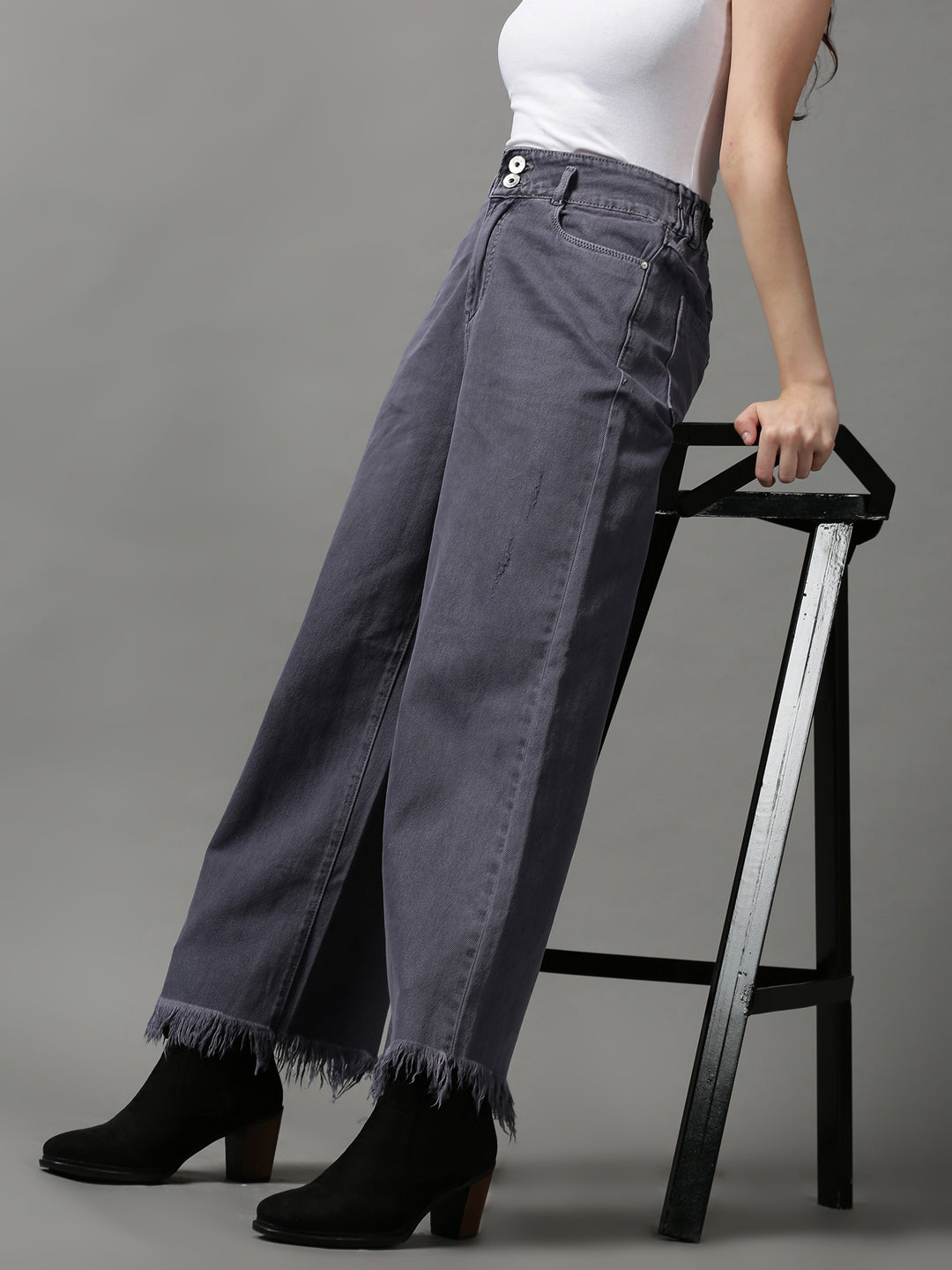Women's Violet Solid Wide Leg Denim Jeans