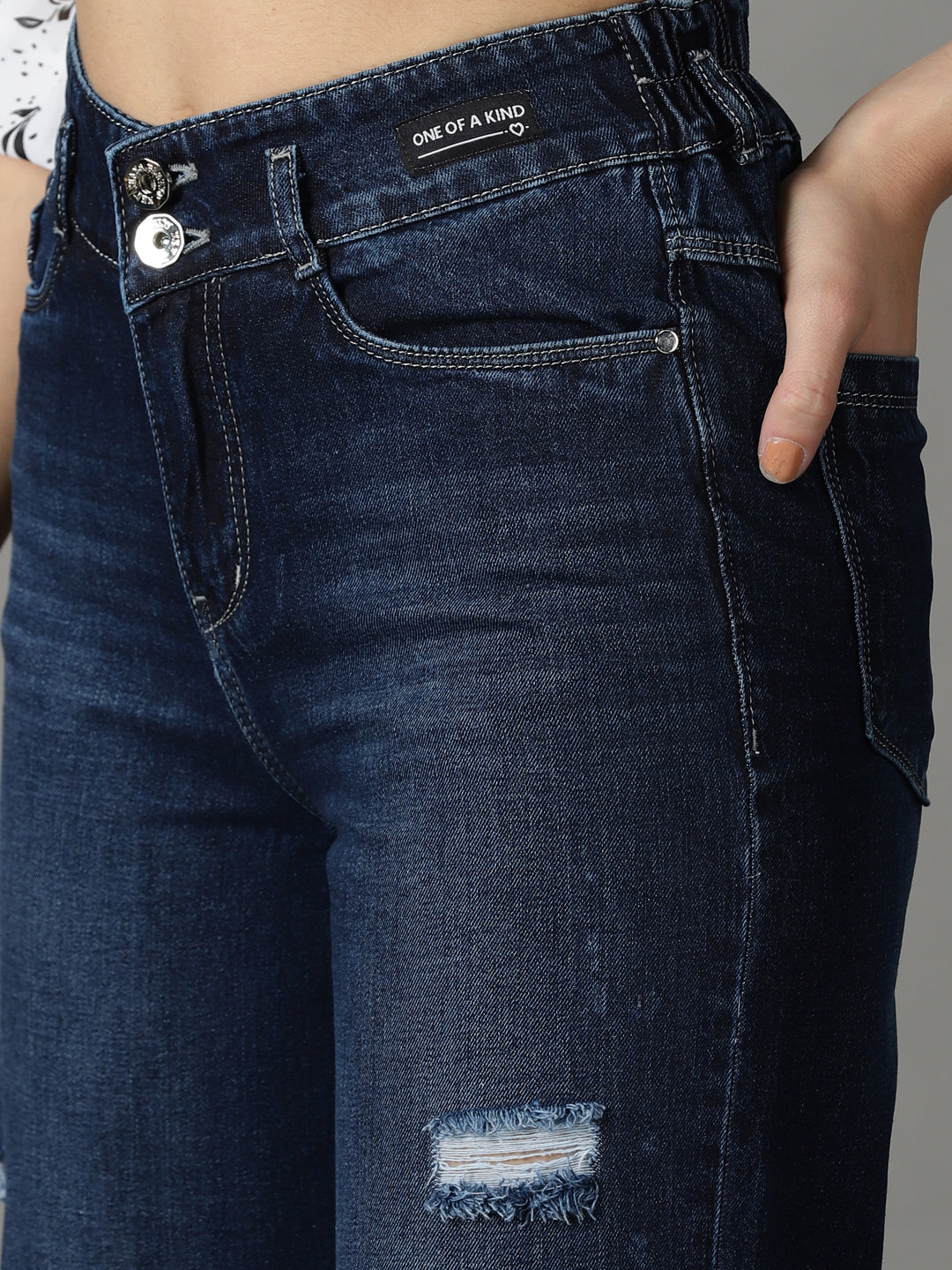 Women's Navy Blue Solid Wide Leg Denim Jeans