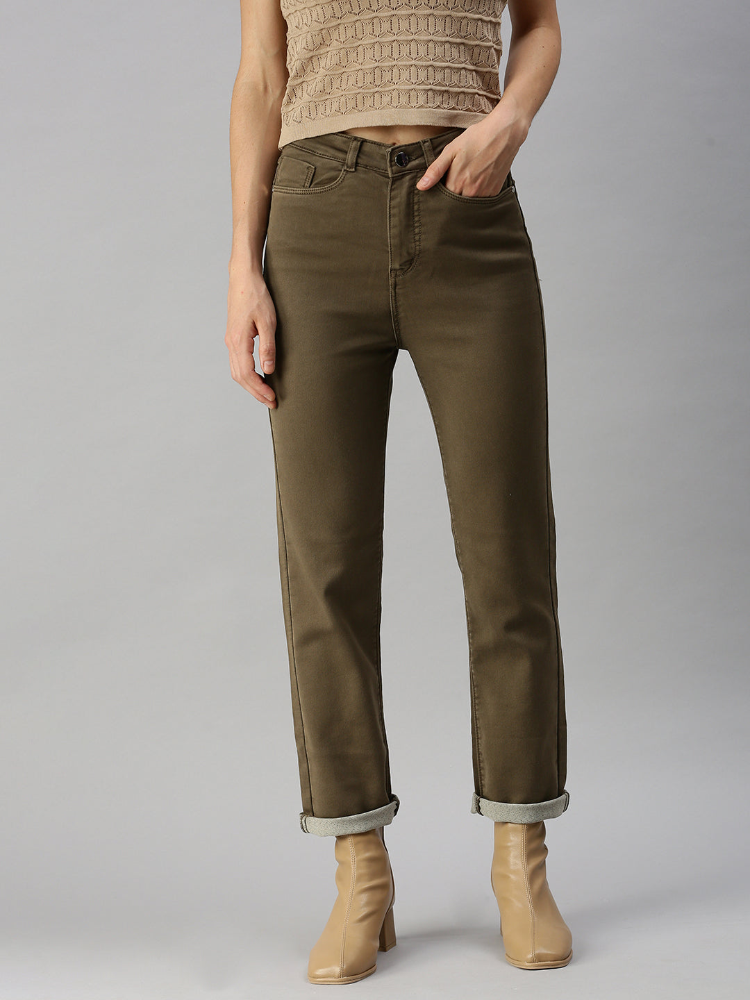 Women's Khaki Solid Straight Fit Denim Jeans