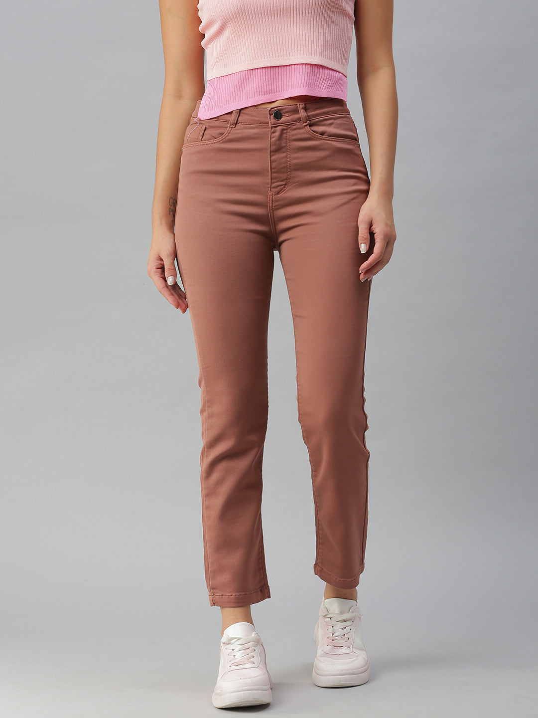 Women's Taupe Solid Straight Fit Denim Jeans