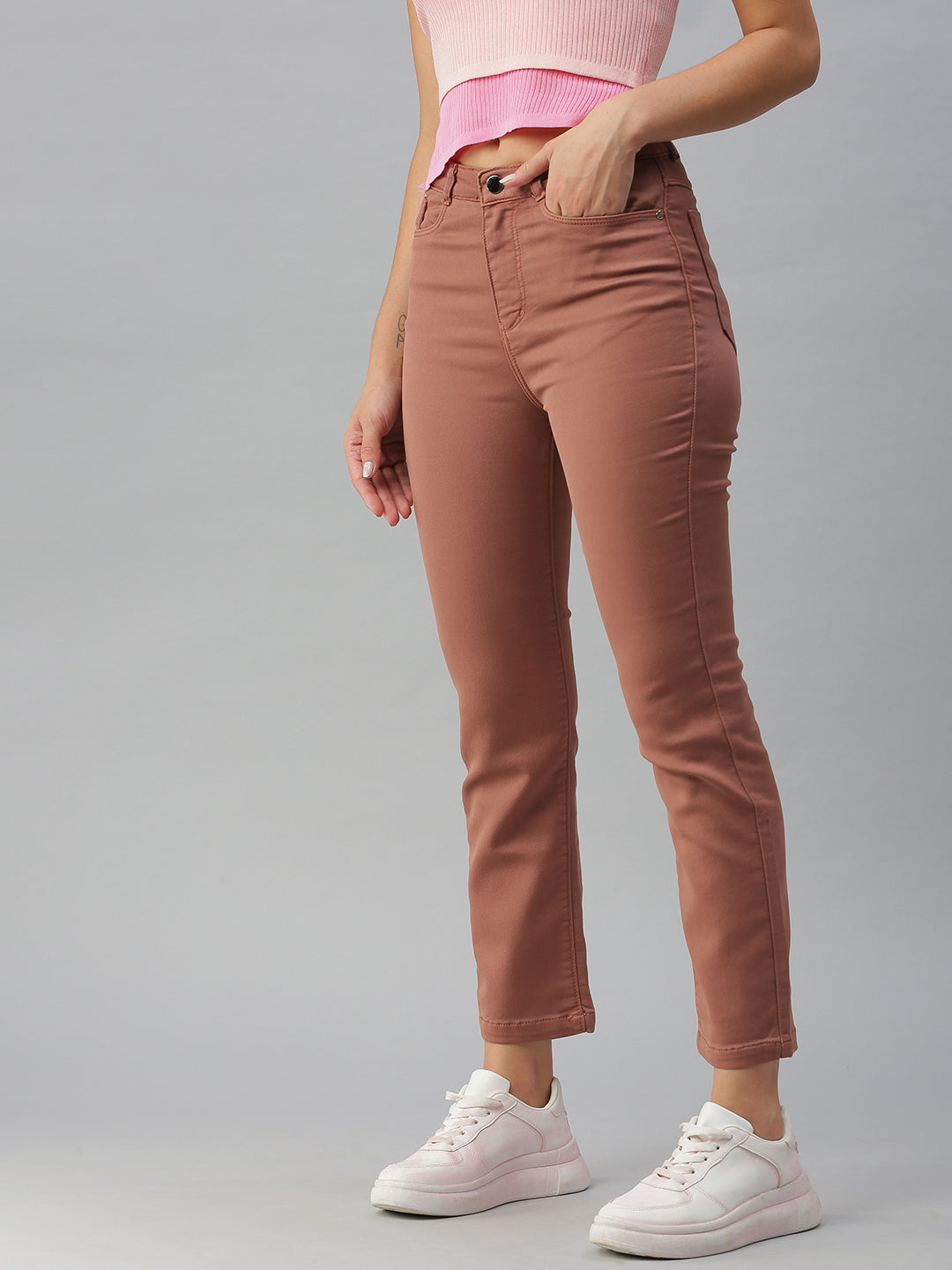 Women's Taupe Solid Straight Fit Denim Jeans