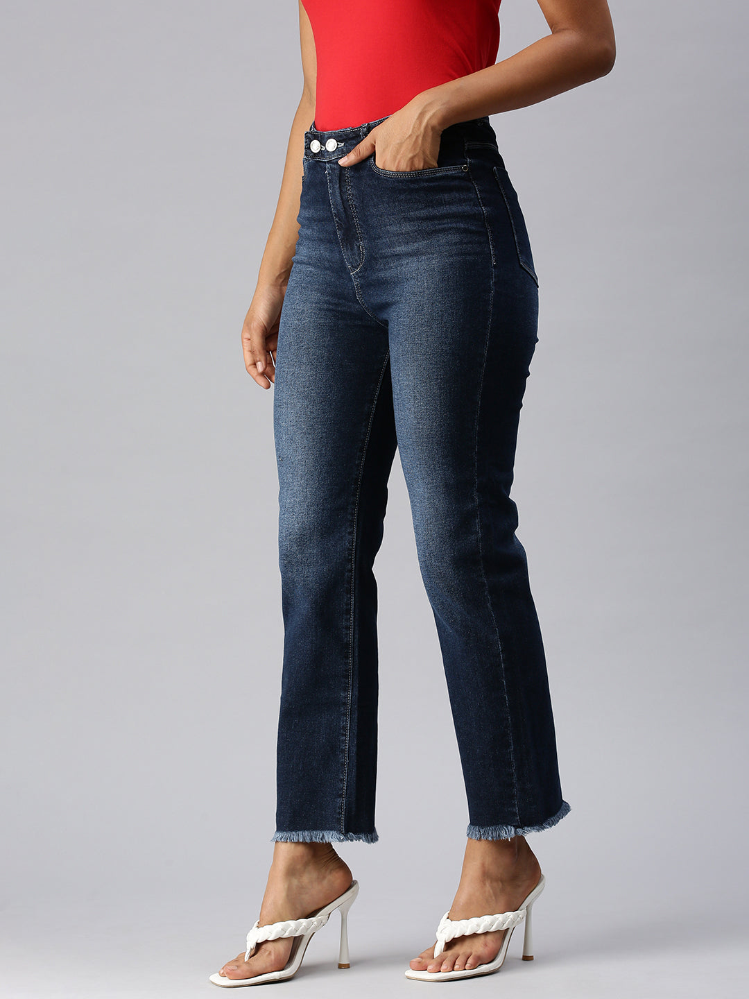 Women's Navy Blue Solid Straight Fit Denim Jeans