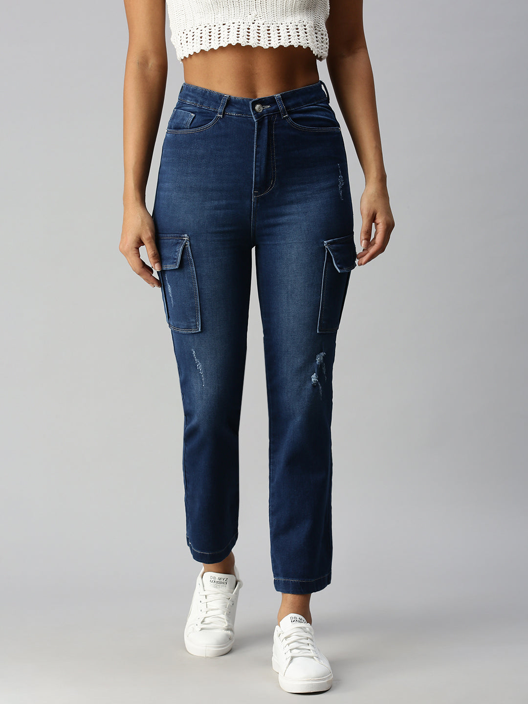 Women's Blue Solid Denim Straight Jeans