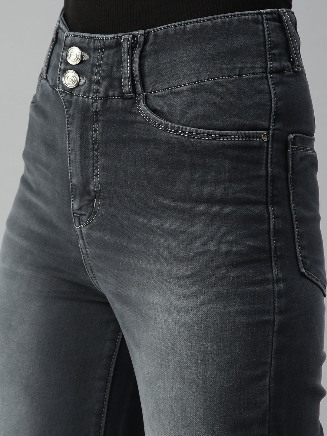 Women's Grey Solid Denim Wide Leg Jeans