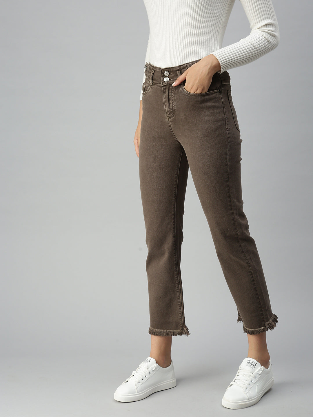 Women's Brown Solid Denim Straight Jeans