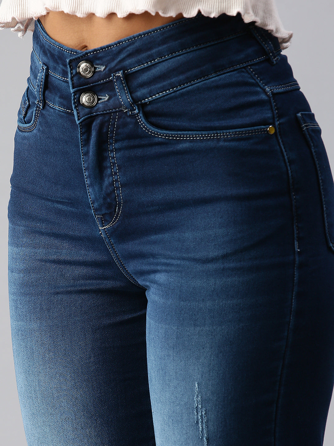 Women's Blue Solid Wide Leg Denim Jeans