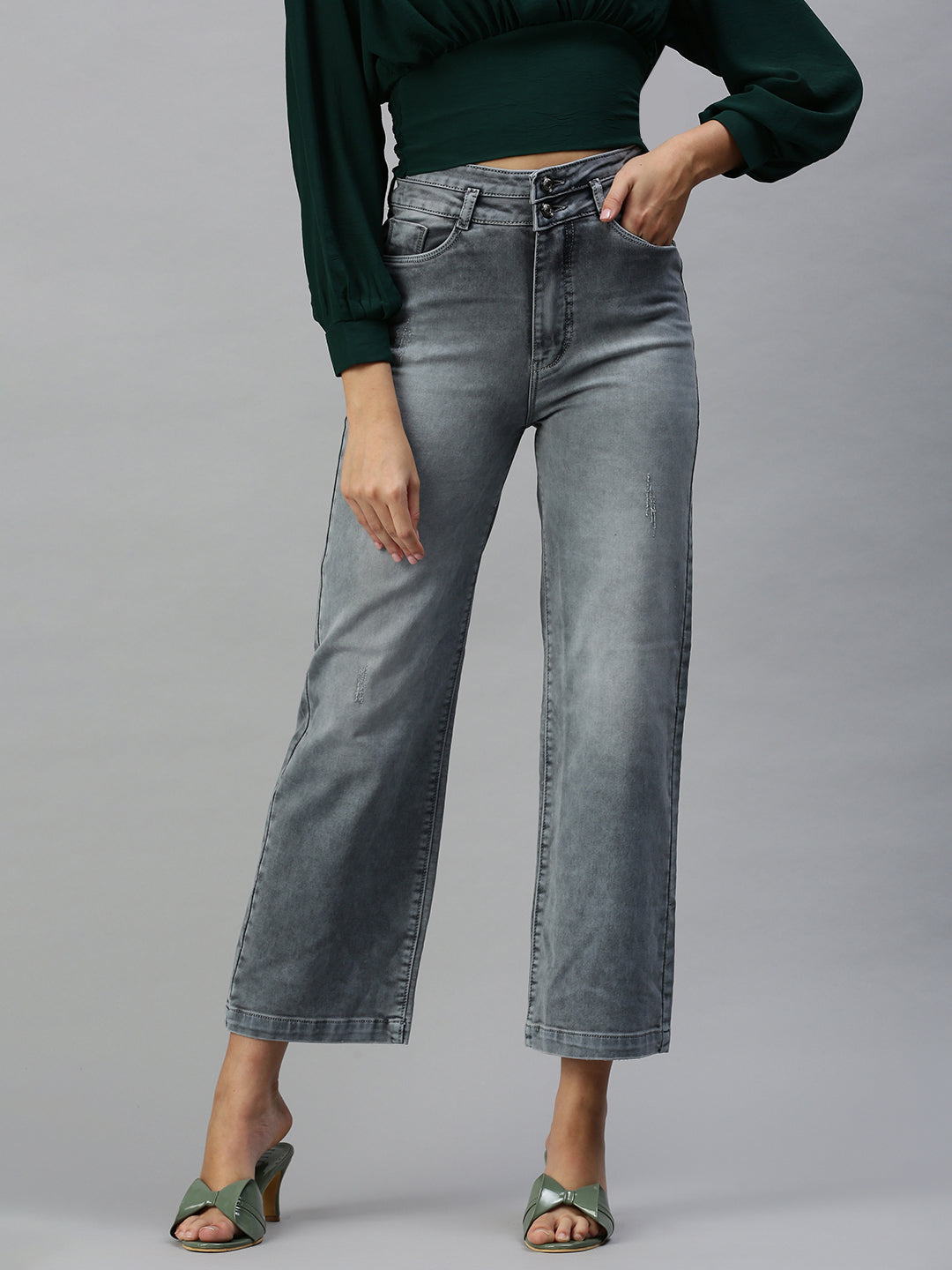 Women's Grey Solid Wide Leg Denim Jeans