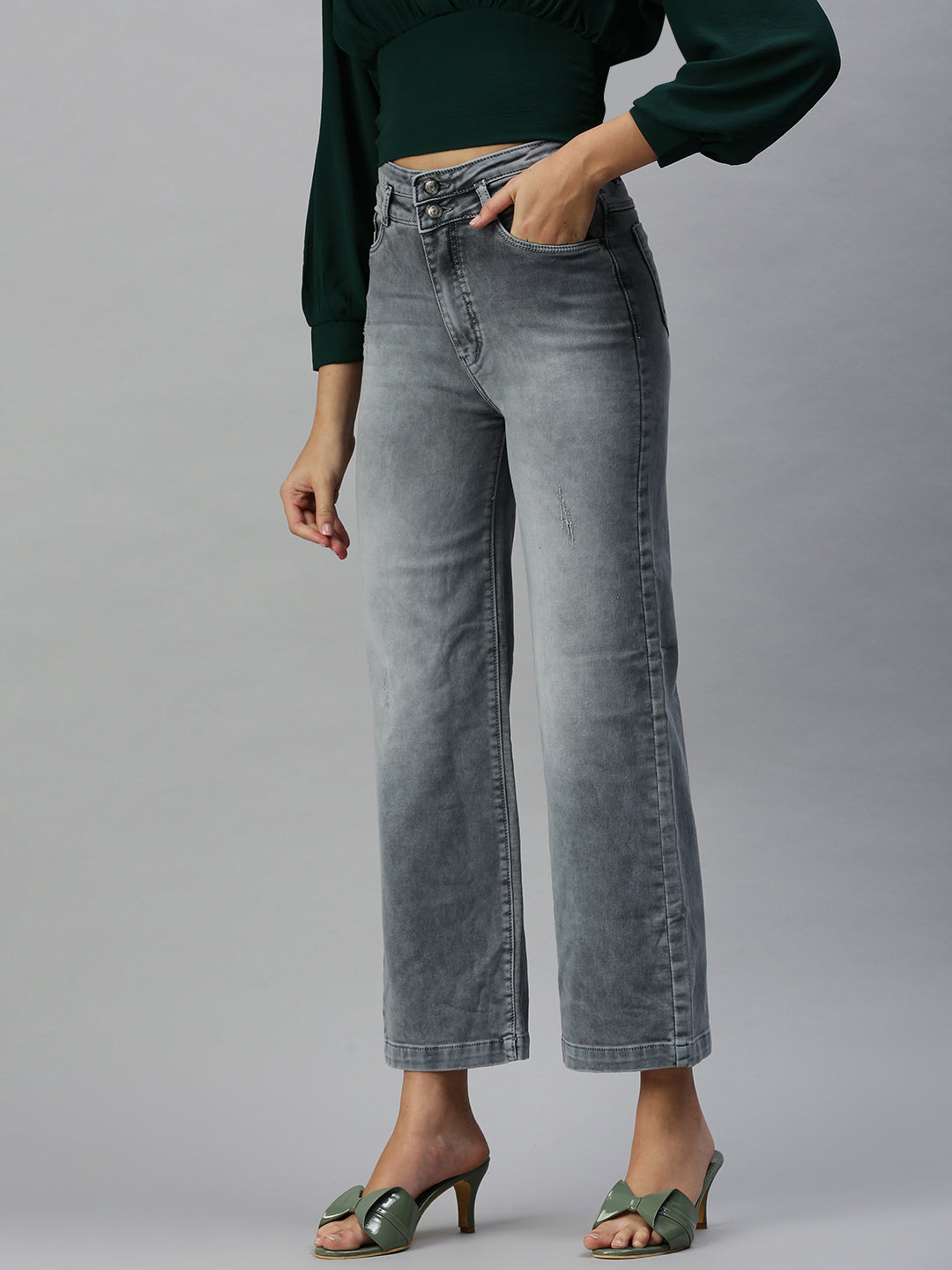 Women's Grey Solid Wide Leg Denim Jeans