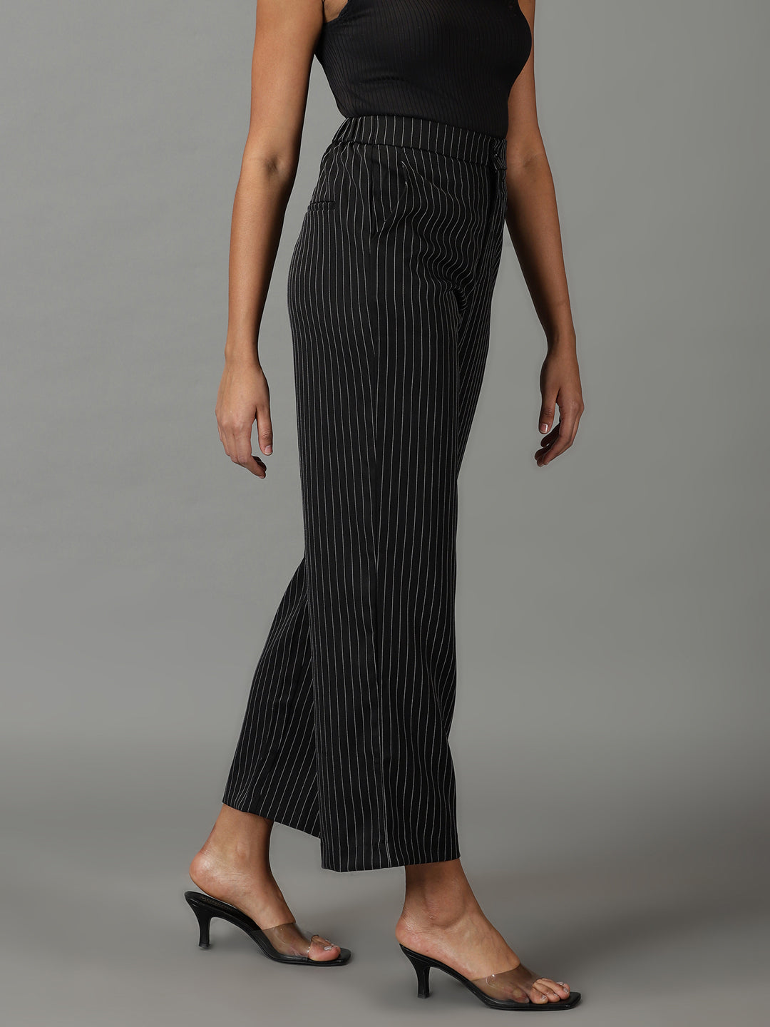 Women's Black Striped Formal Trouser