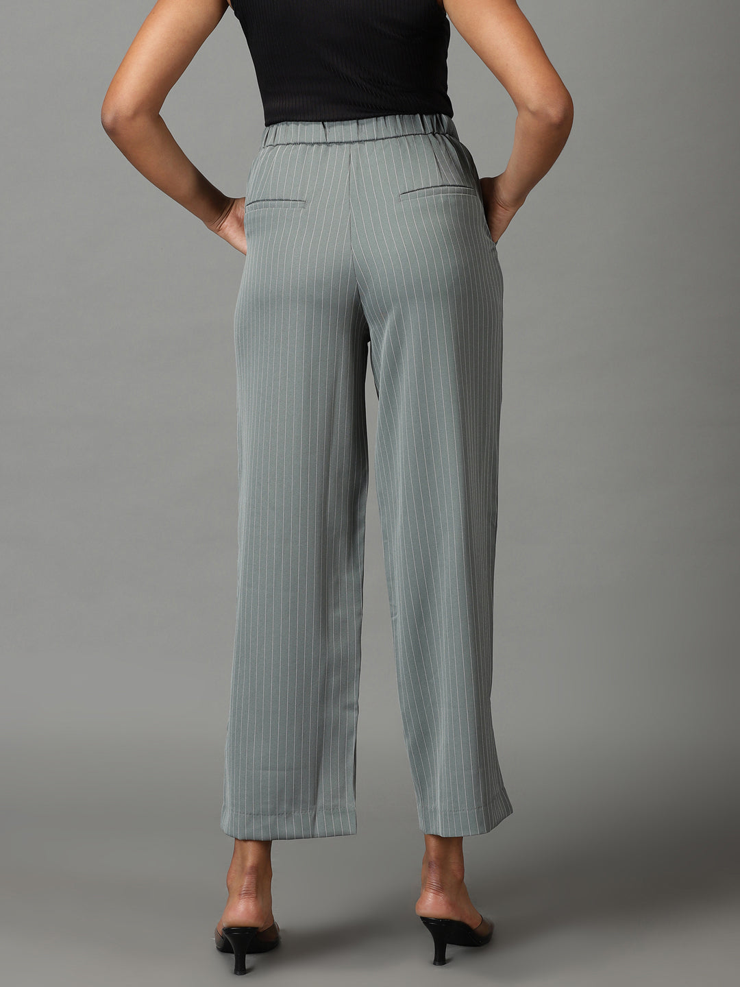 Women's Olive Striped Formal Trouser