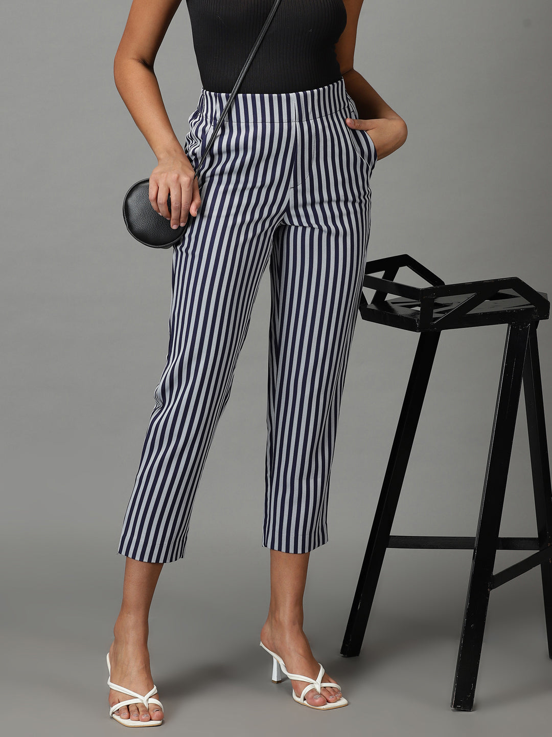 Women's Navy Blue Striped Formal Trouser