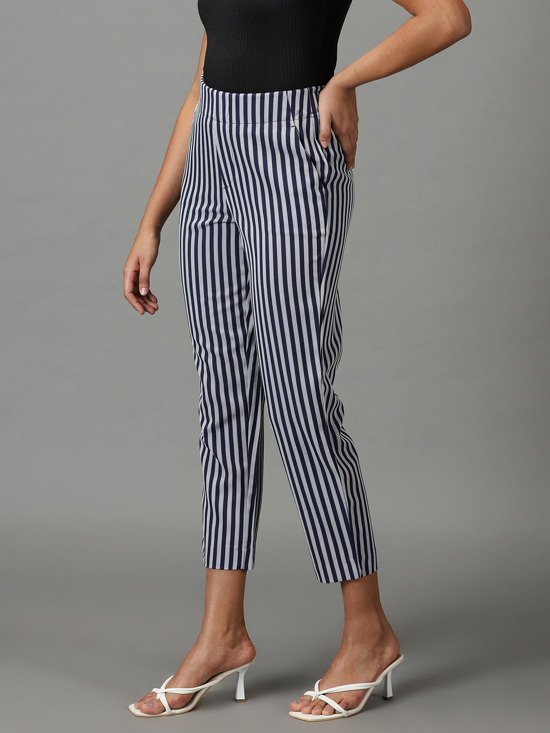 Women's Navy Blue Striped Formal Trouser