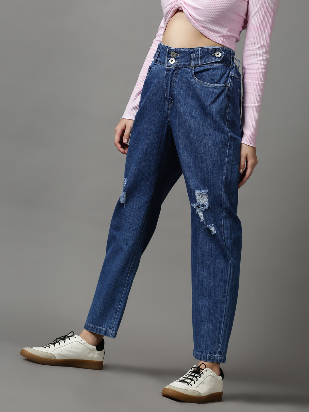 Women's Blue Solid Mom Fit Denim Jeans