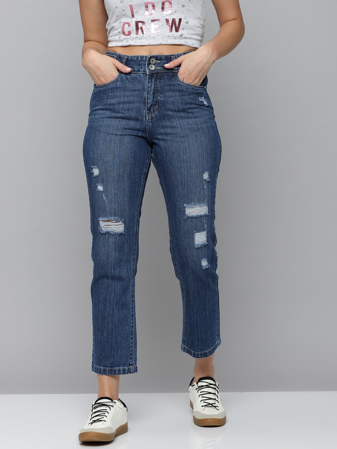 Women's Navy Blue Solid Relaxed Fit Denim Jeans