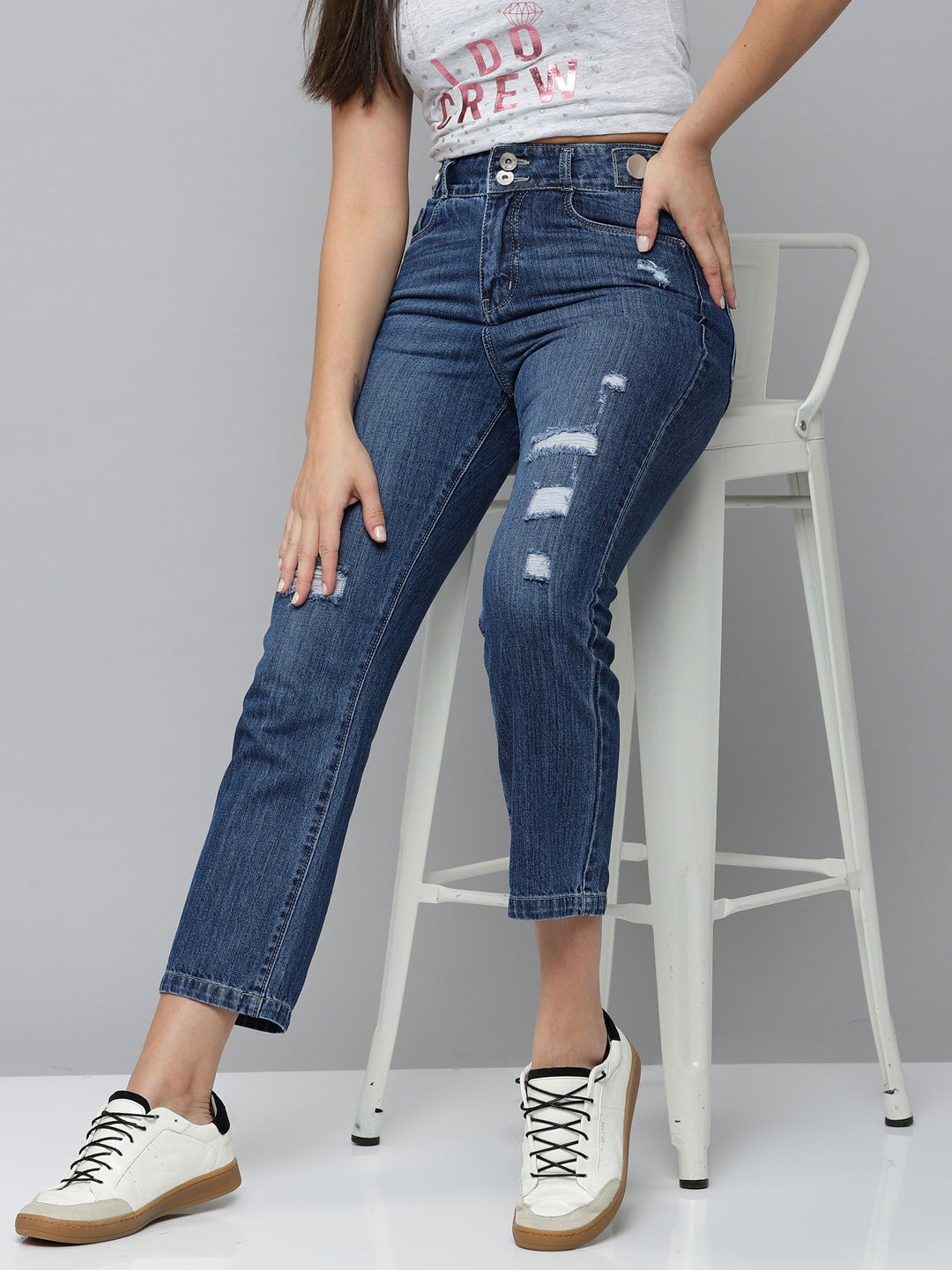 Women's Navy Blue Solid Relaxed Fit Denim Jeans