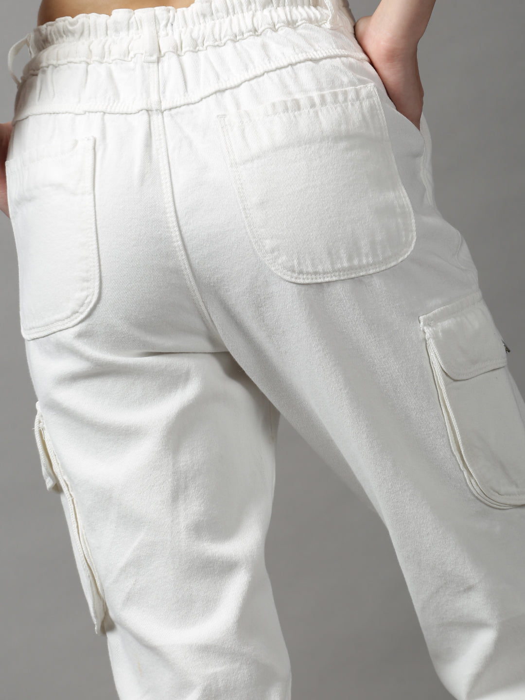 Women's White Solid Jogger Denim Jeans