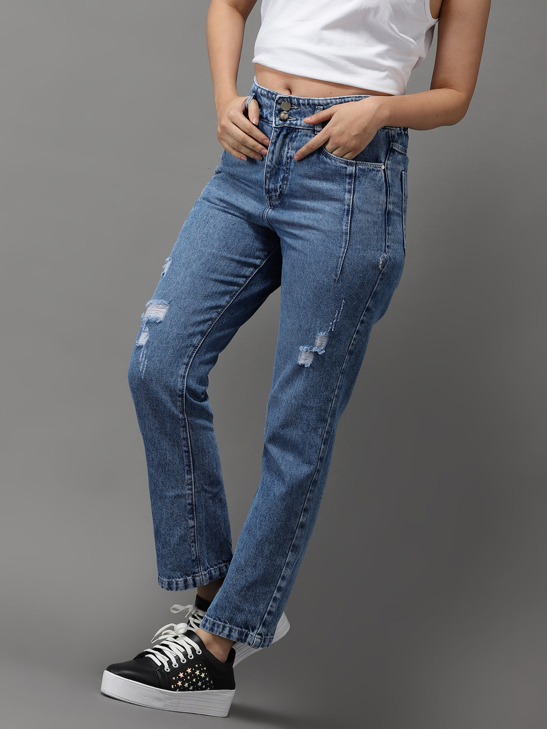 Women's Blue Solid Straight Fit Denim Jeans