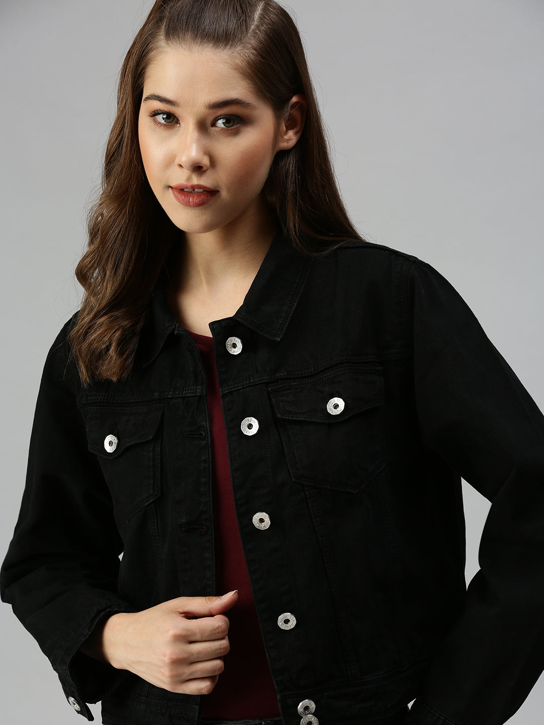 Women's Black Solid Denim Jacket Jackets