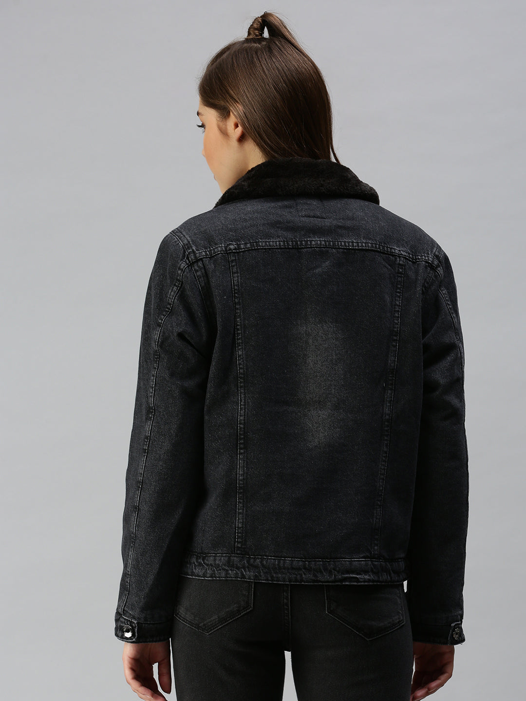 Women's Black Solid Denim Jacket Jackets