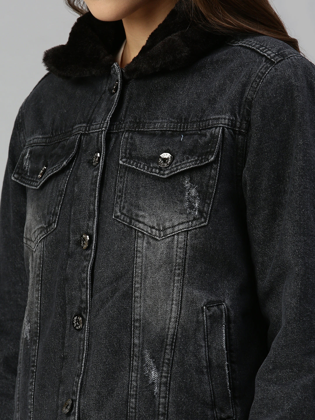 Women's Black Solid Denim Jacket Jackets