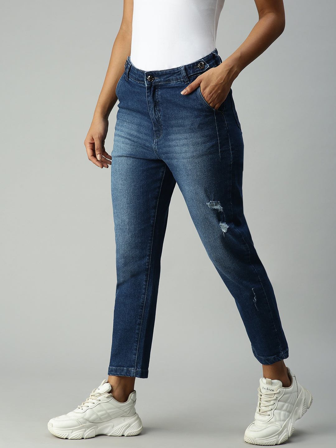 Women's Blue Solid Denim Boyfriend Fit Jeans
