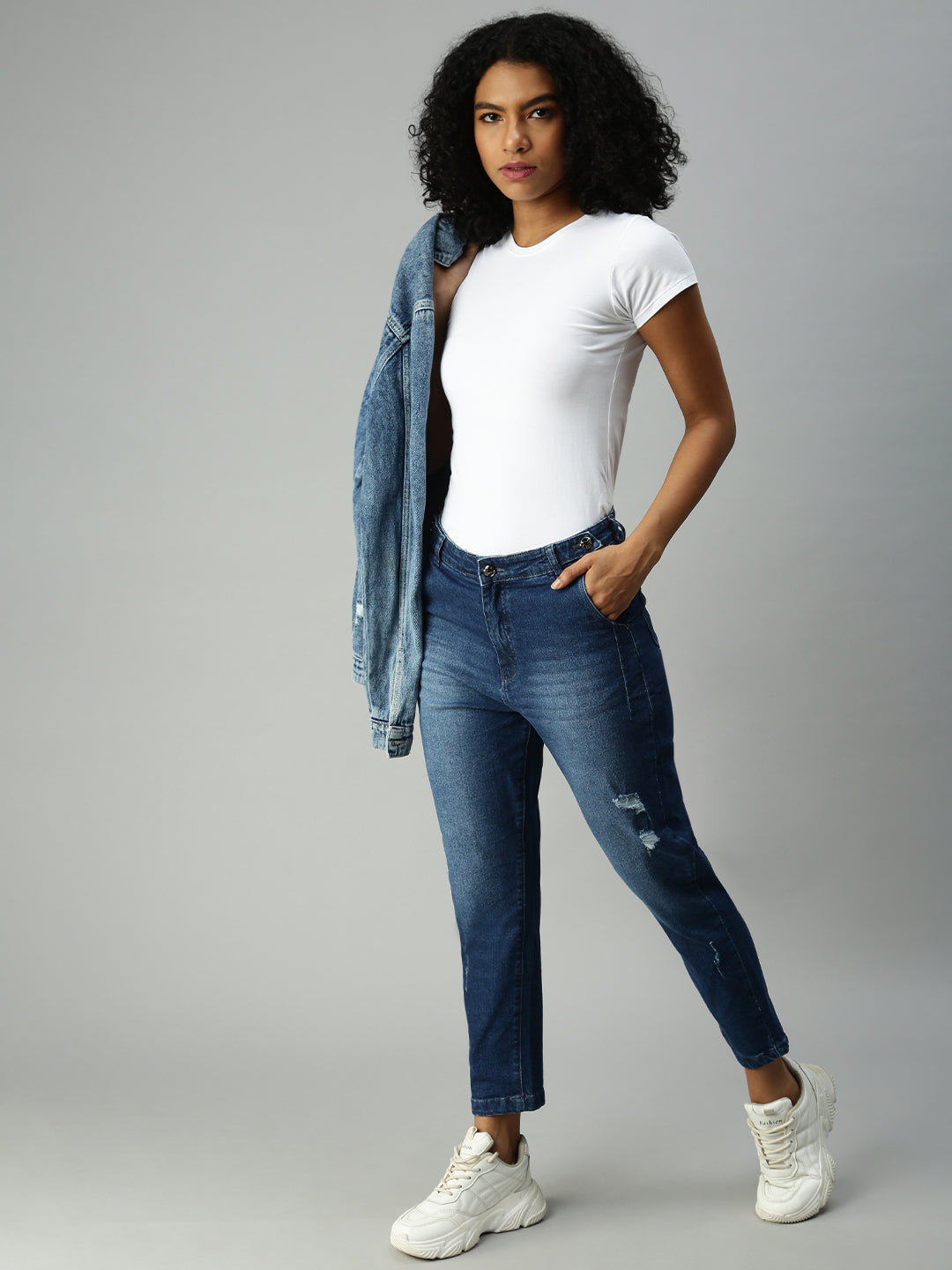 Women's Blue Solid Denim Boyfriend Fit Jeans