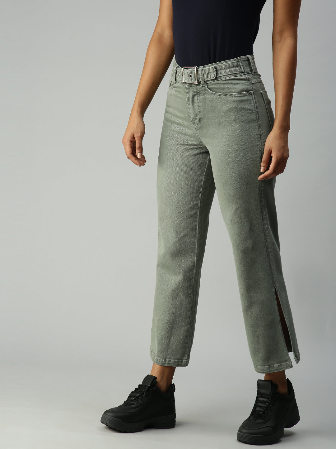 Women's Olive Solid Denim Wide Leg Jeans