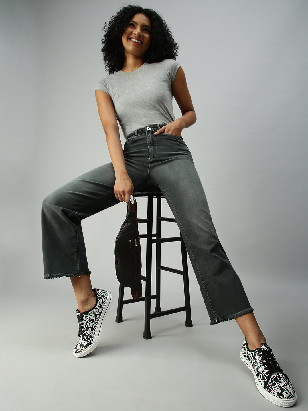 Women's Grey Solid Denim Wide Leg Jeans