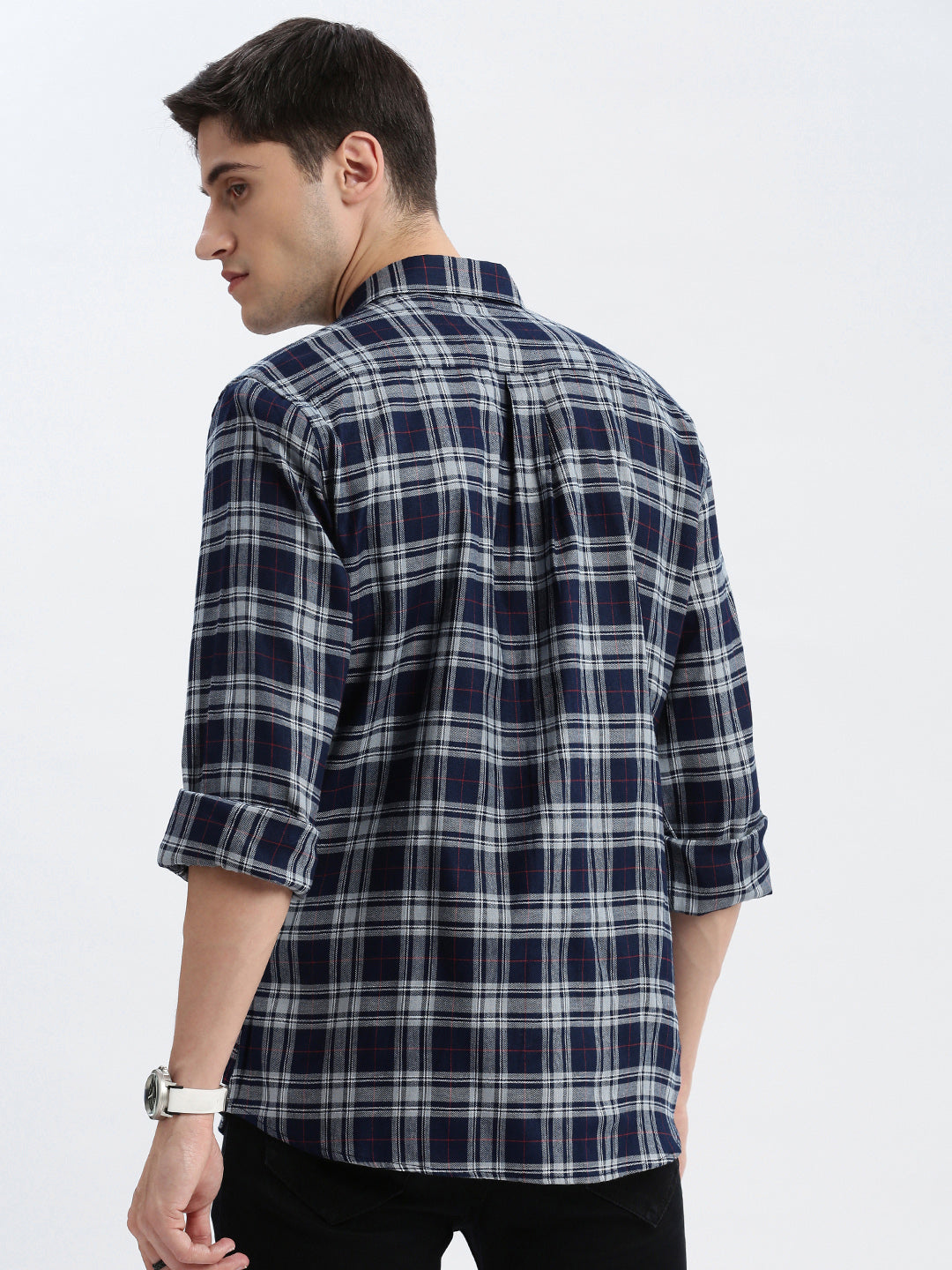 Men Spread Collar Tartan Checks Grey Shirt