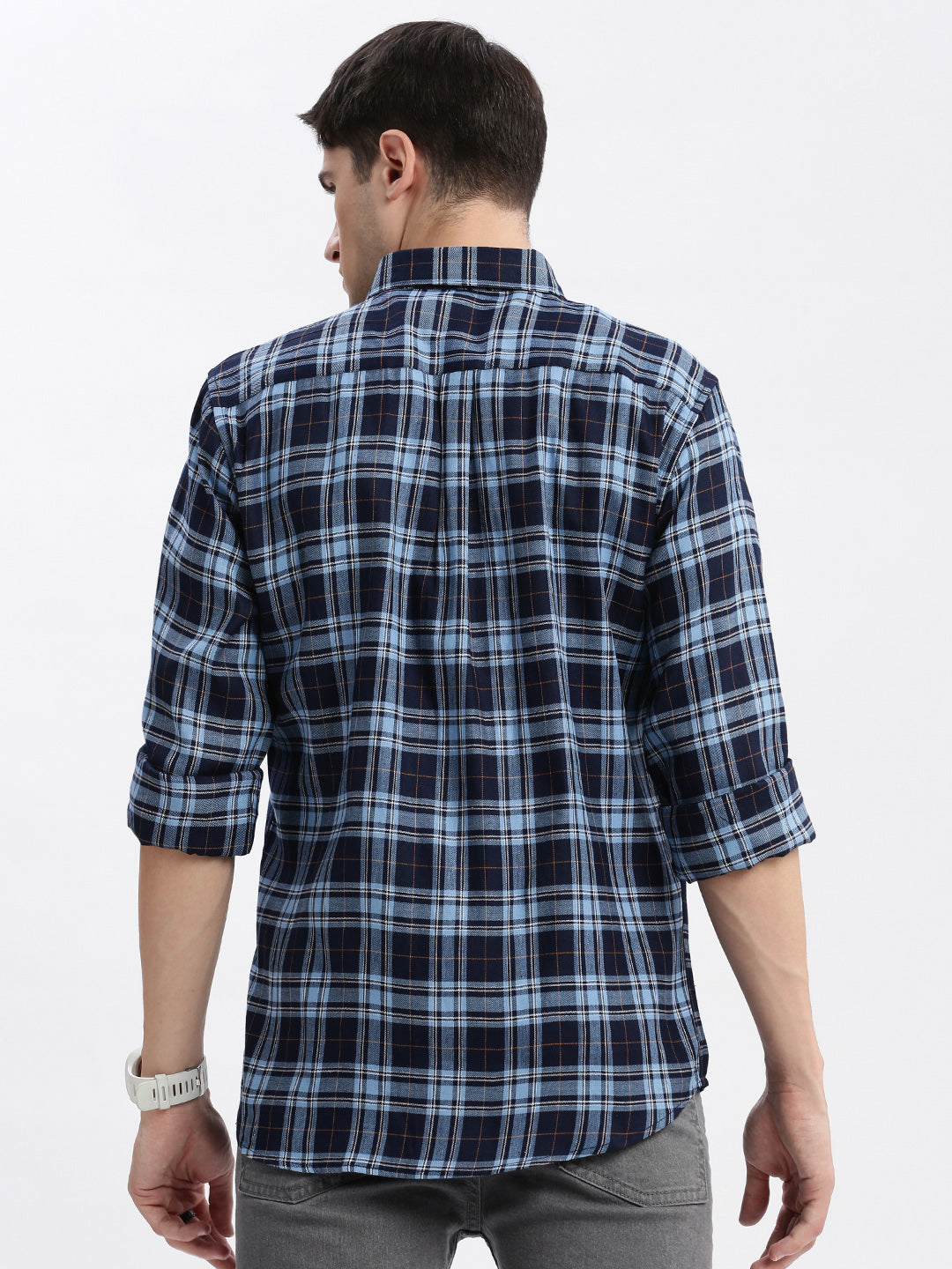 Men Spread Collar Tartan Checks Blue Shirt