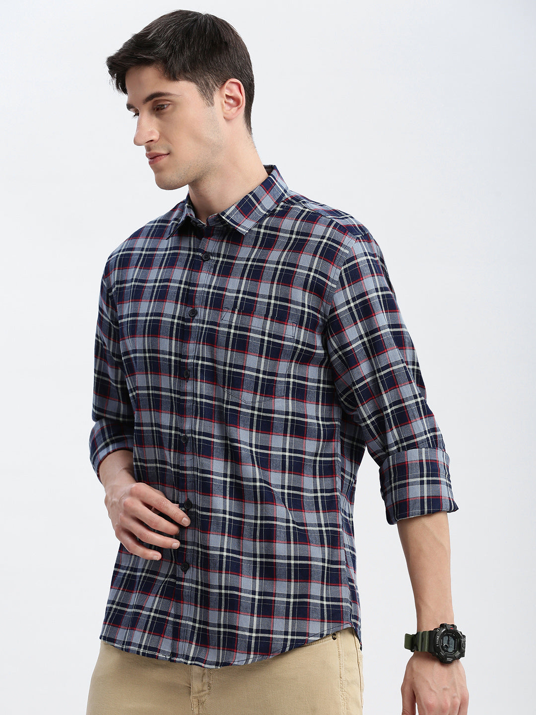 Men Spread Collar Tartan Checks Grey Shirt