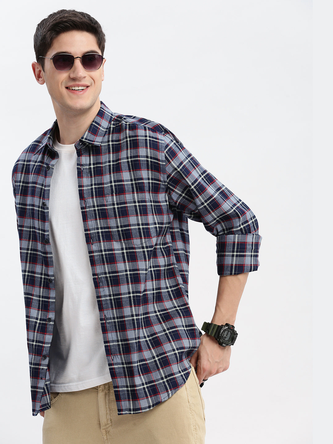 Men Spread Collar Tartan Checks Grey Shirt