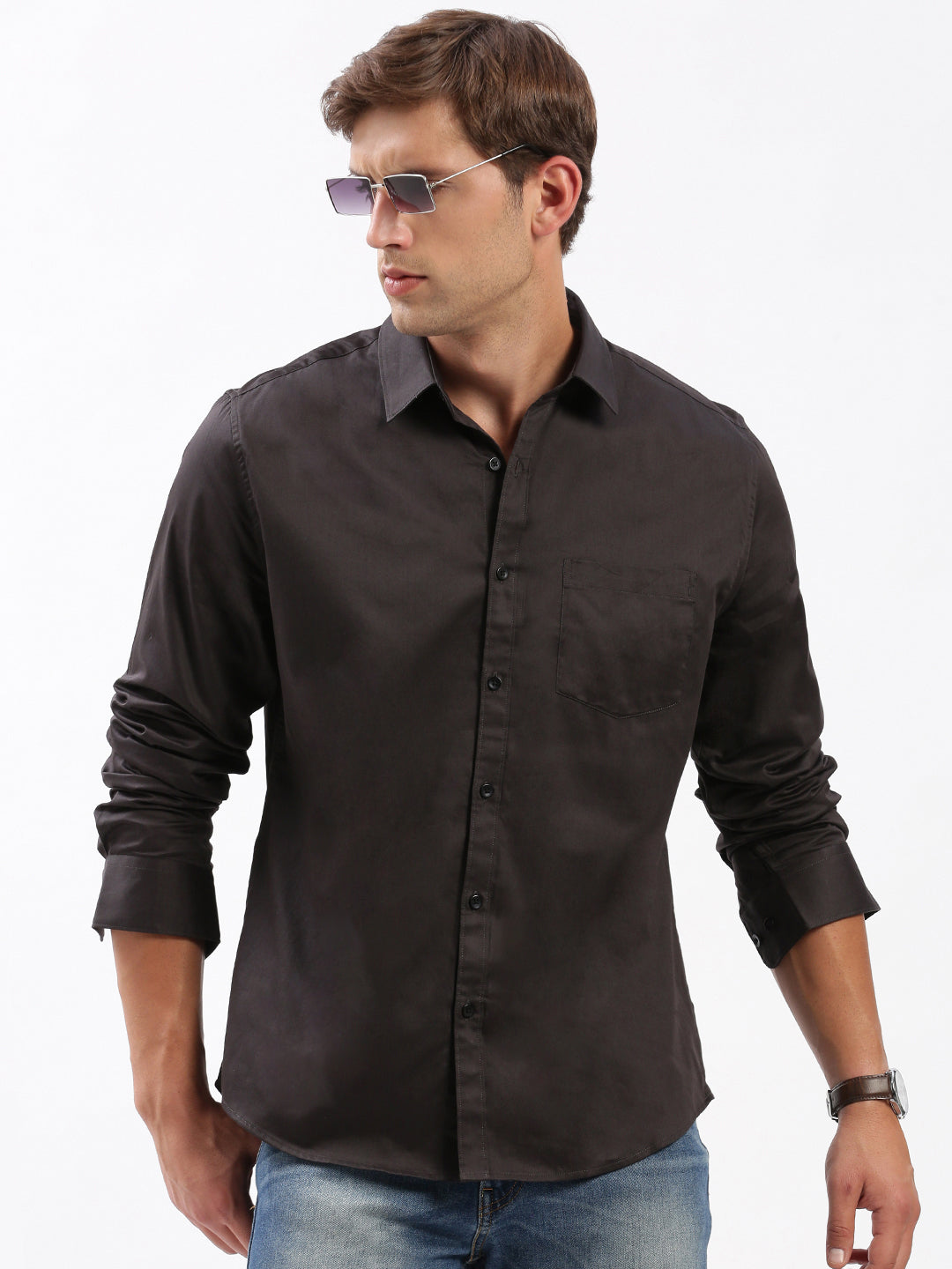 Men Spread Collar Solid Black Shirt