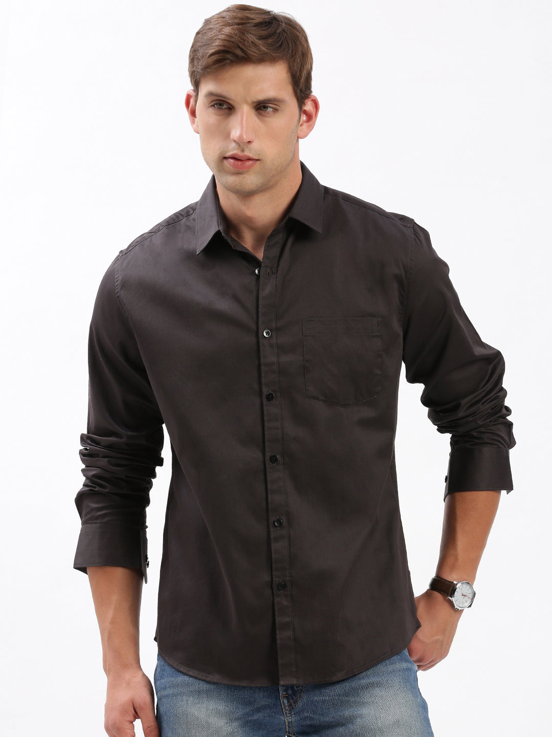 Men Spread Collar Solid Black Shirt